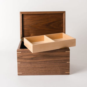 Large walnut keepsake box with hard maple corner splines and hard maple tray