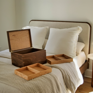 Extra large walnut and cherry keepsake box with two cherry trays, and a lock and key