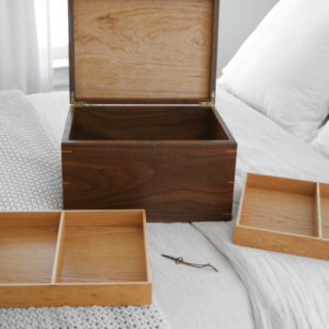 Extra large walnut and cherry keepsake box with two cherry trays, and a lock and key