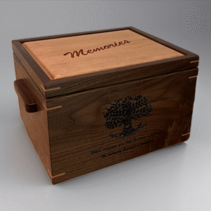 Custom large walnut and cherry keepsake box with handles and engraving