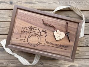 Personalized walnut keepsake box with vintage camera engraving and ribbon-tied key
