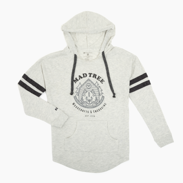 Light gray hooded sweatshirt with black sleeve stripes, featuring the Mad Tree Woodcrafts & Engraving logo on the front.