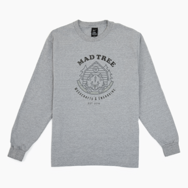 Gray long-sleeve Mad Tree Woodcrafts & Engraving shirt featuring the brand’s dog-and-cabin logo and “Est. 2016” text on the front.