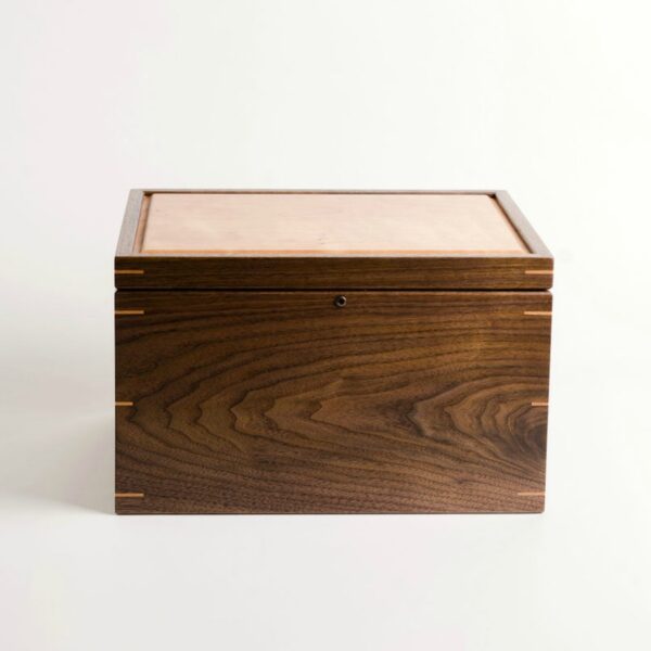 Extra large walnut and cherry keepsake box with lock on white background