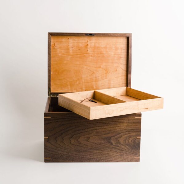 Extra large walnut and cherry keepsake box with removable tray for organization