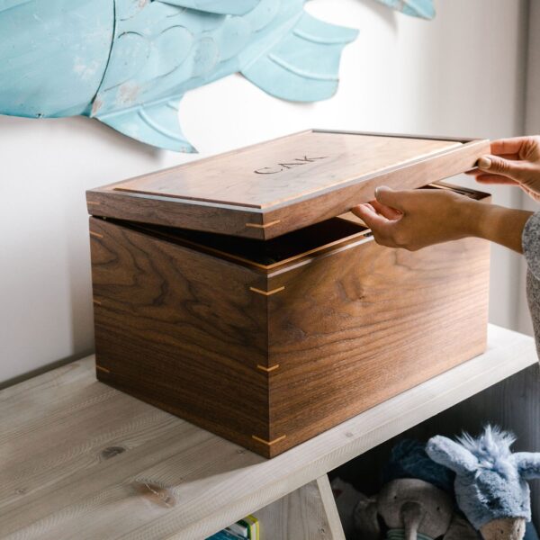 Extra large walnut and cherry keepsake box with engraved initials on lid