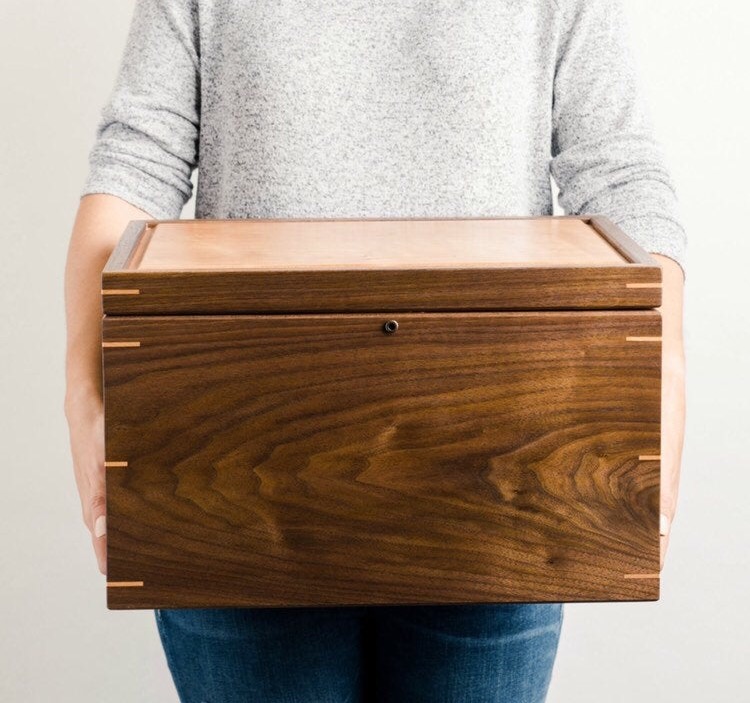 Large handcrafted walnut and cherry keepsake box made by Mad Tree Woodcrafts.