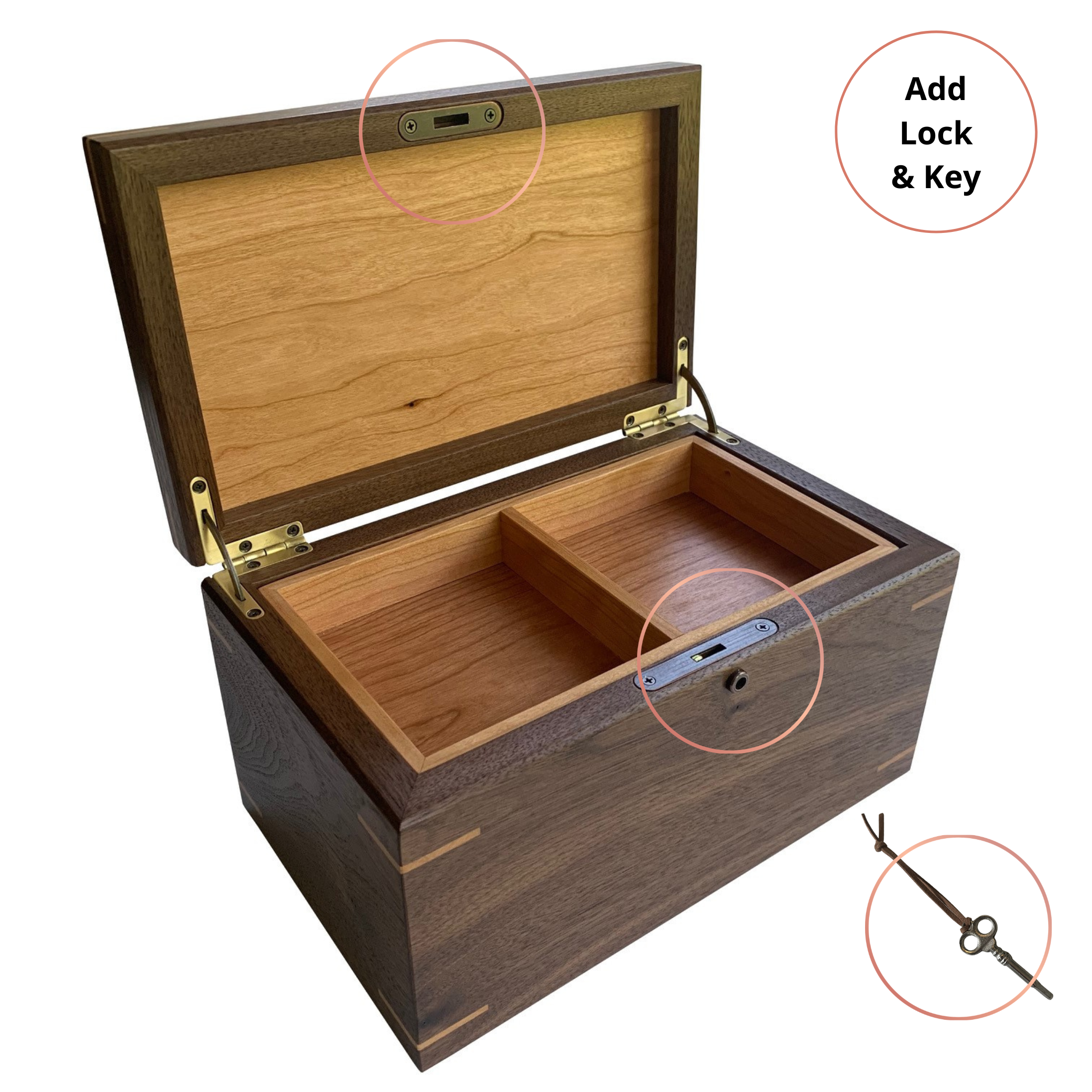 Open walnut keepsake box with cherry interior, removable tray, and lock and key hardware visible