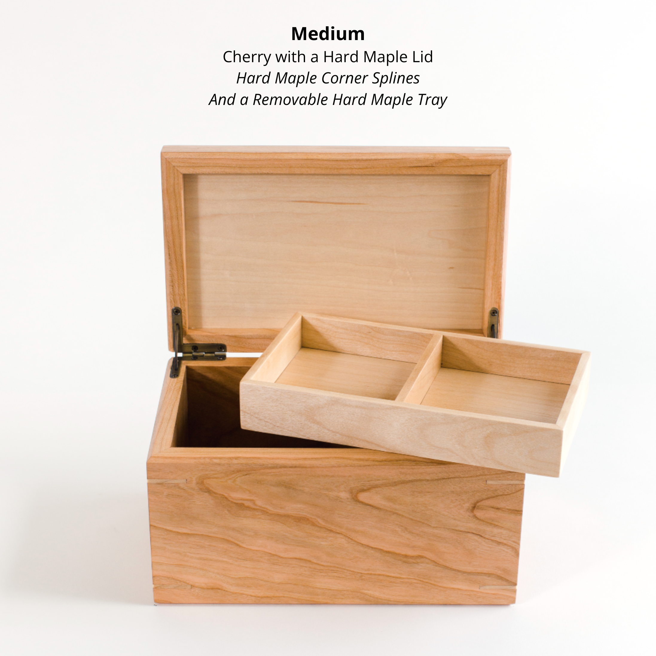 Open cherry keepsake box with hard maple interior, removable tray visible