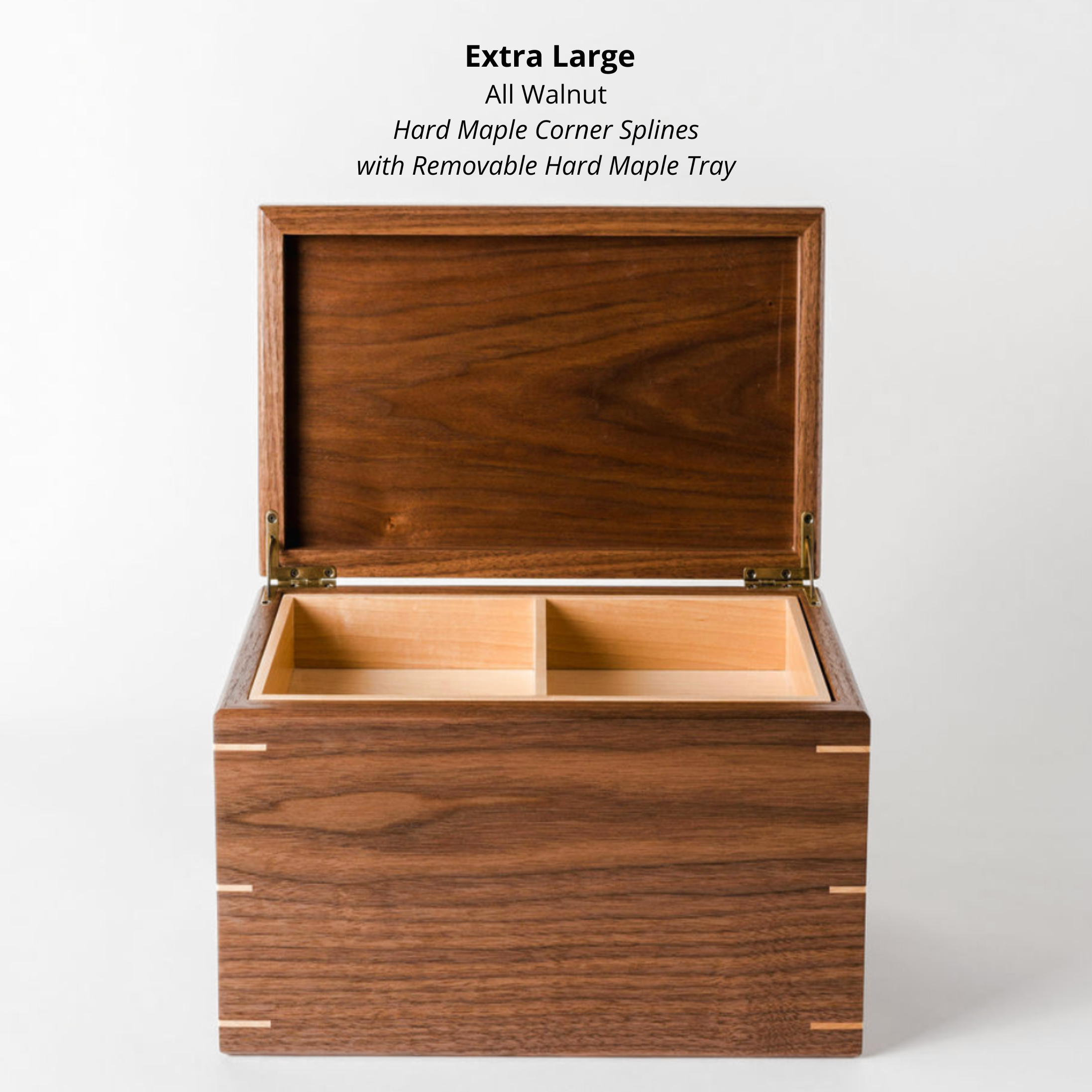 Open all walnut keepsake box featuring a removable hard maple tray and interior compartments, against a white background
