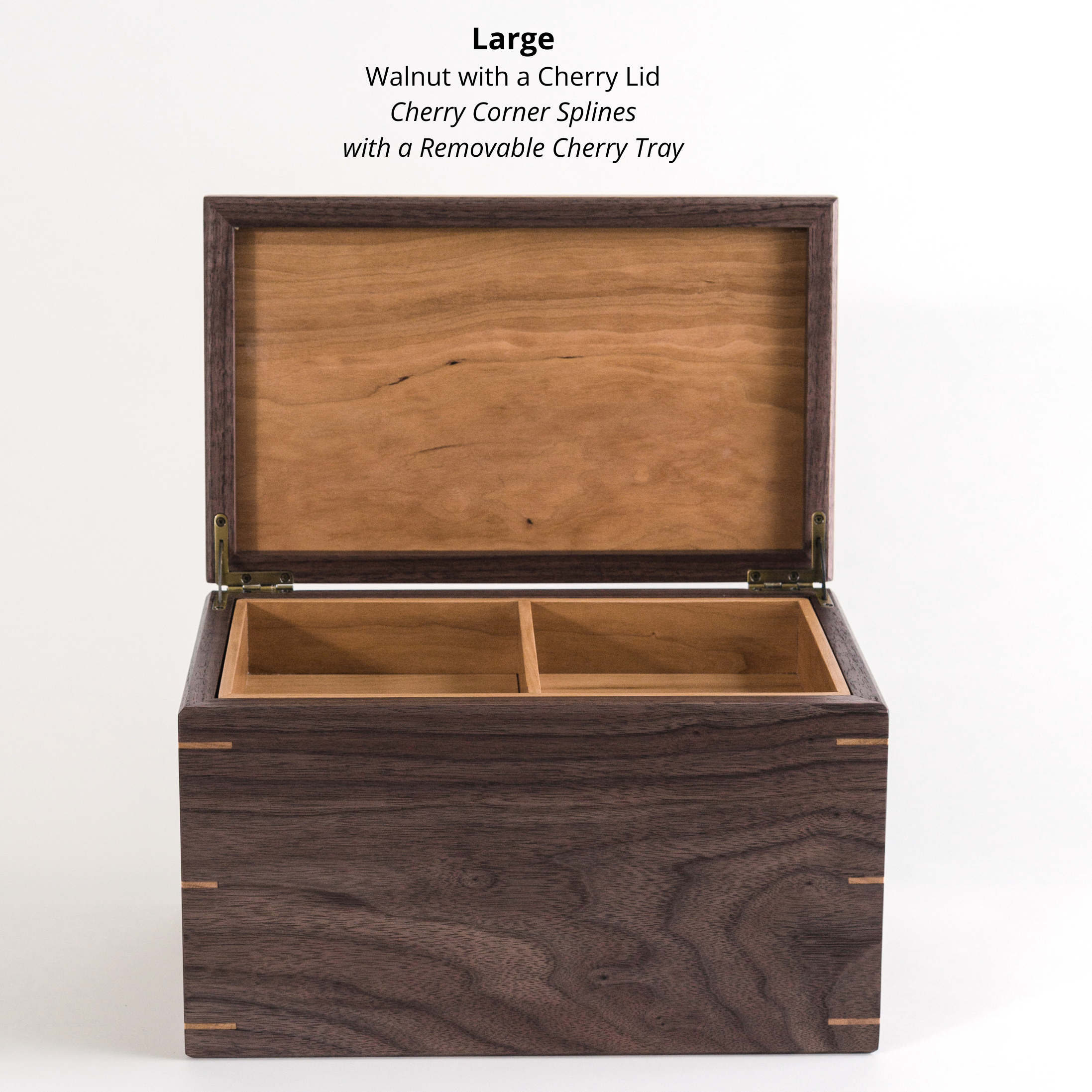 Open walnut keepsake box with cherry interior, removable tray visible