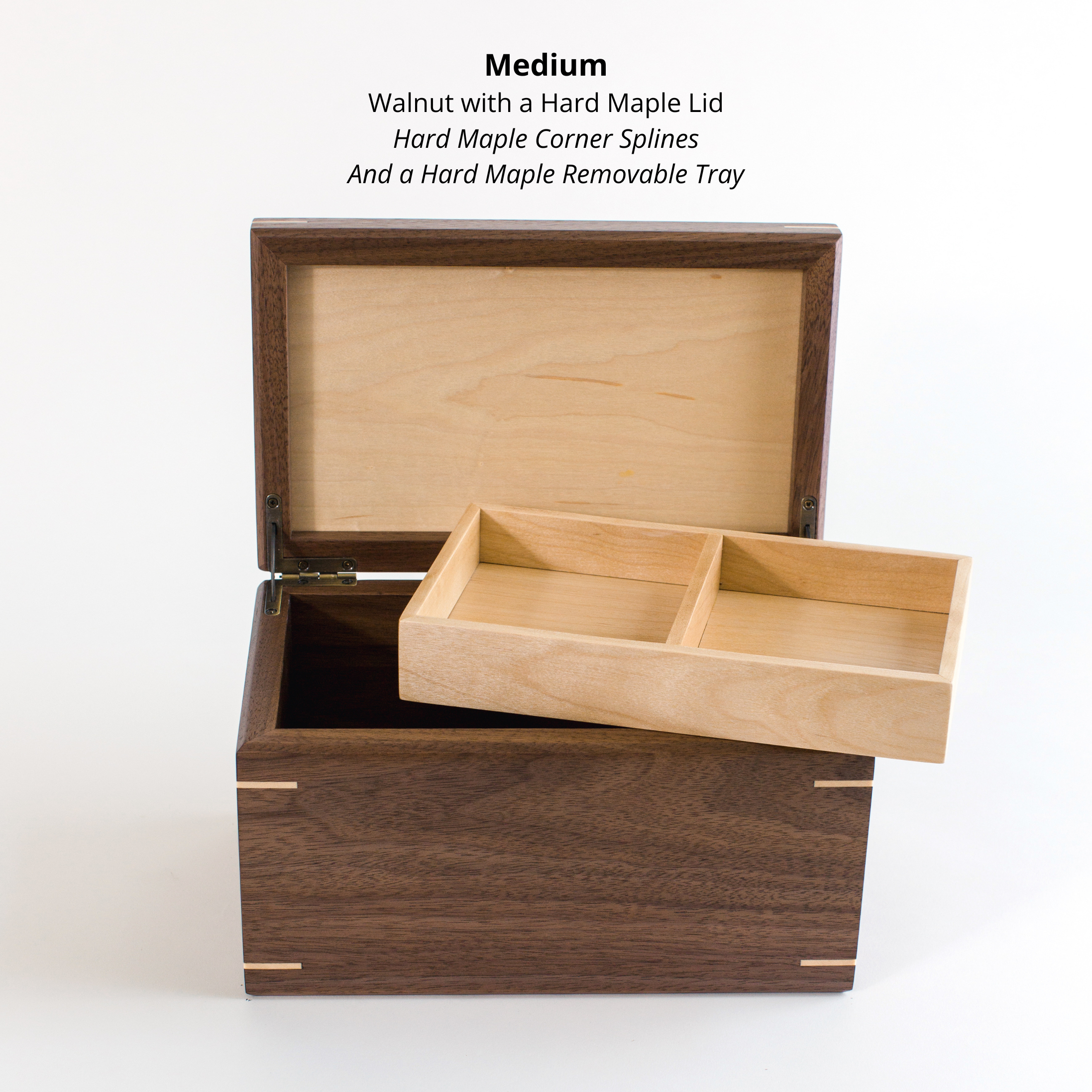 Open walnut keepsake box with hard maple interior, removable tray visible