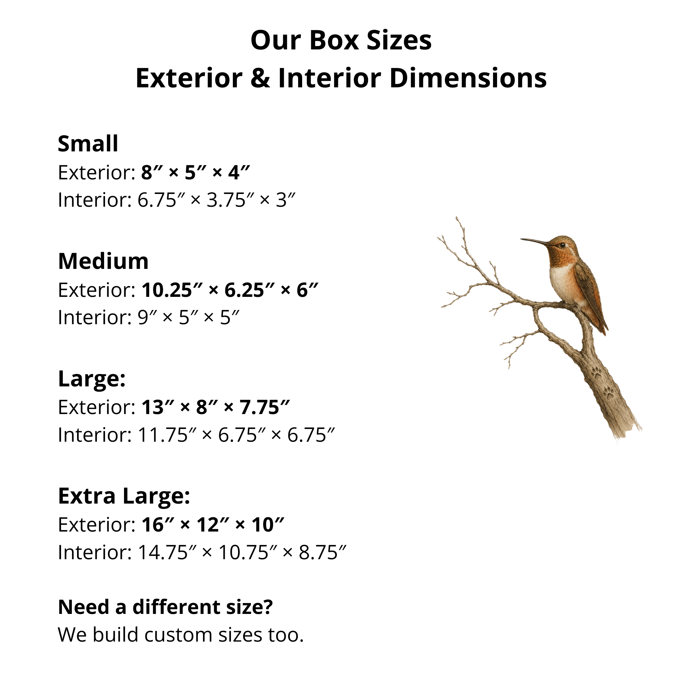 A graphic explaining Mad Tree Woodcrafts Different Box Sizes.
