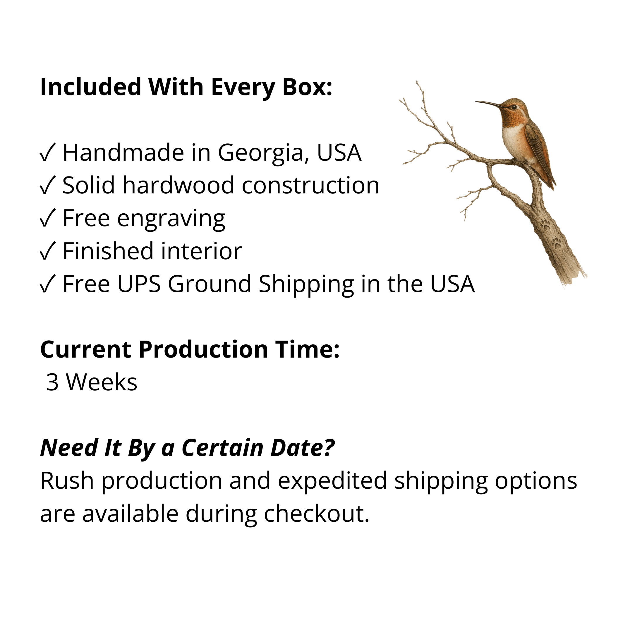 A graphic explaining current production time and what is included with every box order.