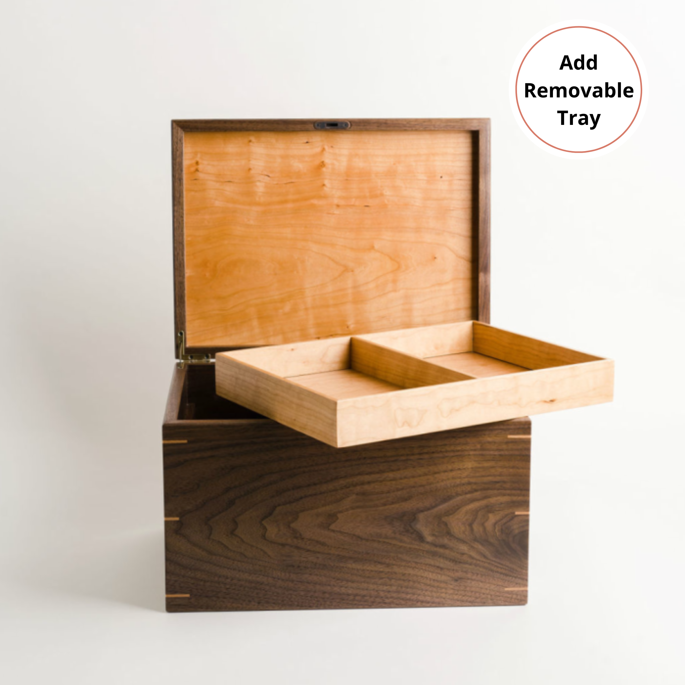 Optional removable tray for handcrafted wooden keepsake box, ideal for organizing jewelry, letters and small keepsakes.