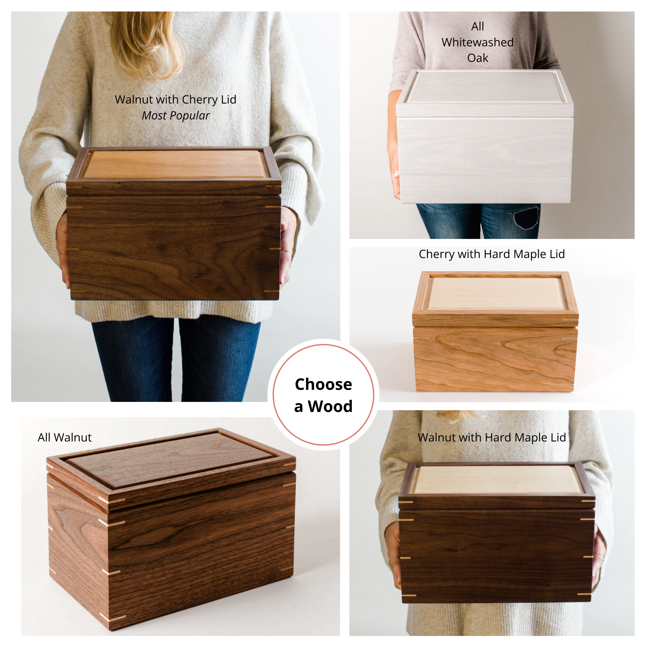 Handcrafted keepsake boxes available in walnut with cherry, all walnut, walnut with hard maple, cherry with hard maple and whitewashed white oak.