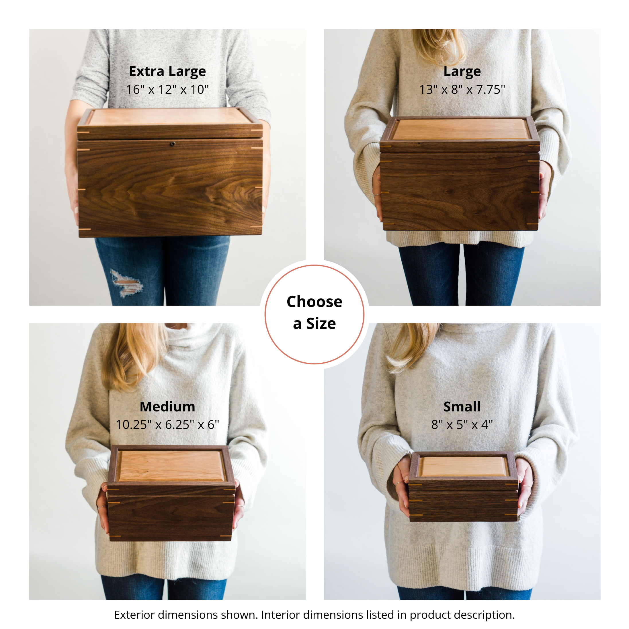 Comparison of Small, Medium, Large and Extra Large handcrafted wooden keepsake boxes showing exterior dimensions.